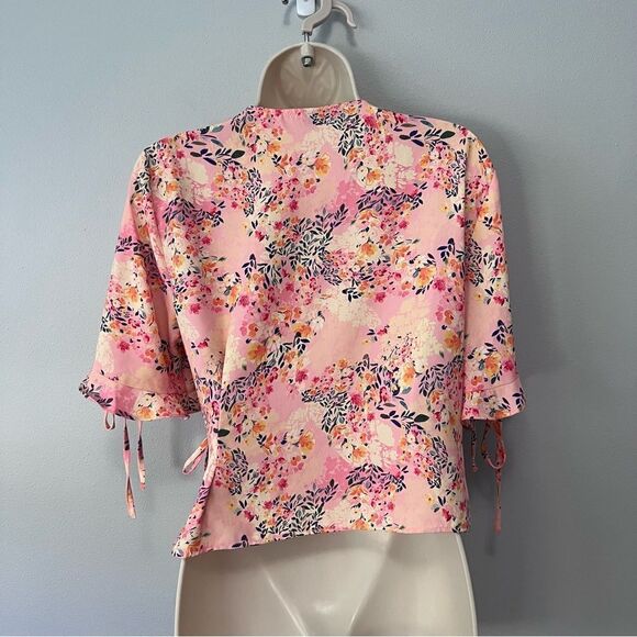 Topshop Salmon Floral Wrap Shirt Size 8 - Picture 5 of 11